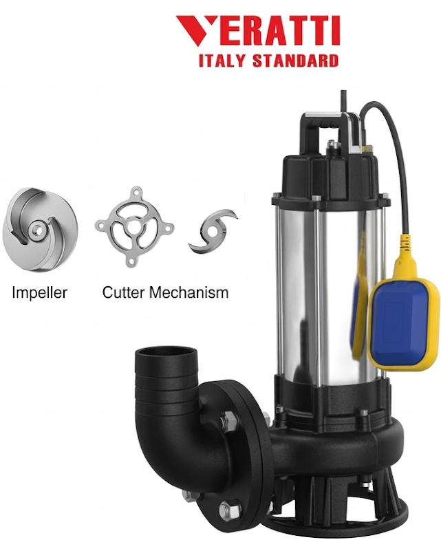 Veratti vr mới cắt rác Bơm chìm cắt rác Veratti VRm DF thân inox, cánh cắt rác, kèm phao